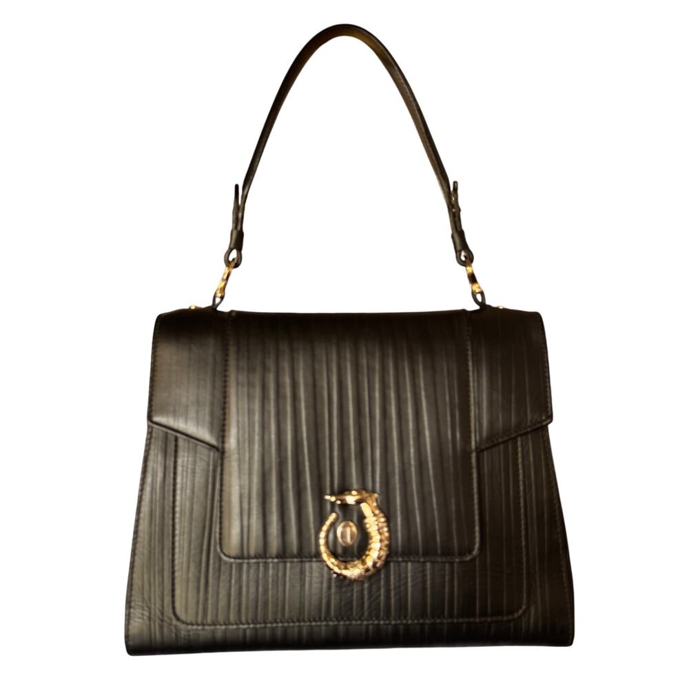 Trussardi Lovy Black Leather Handbag Satchel Bag Purse Gold Greyhound Clasp - Picture 2 of 16